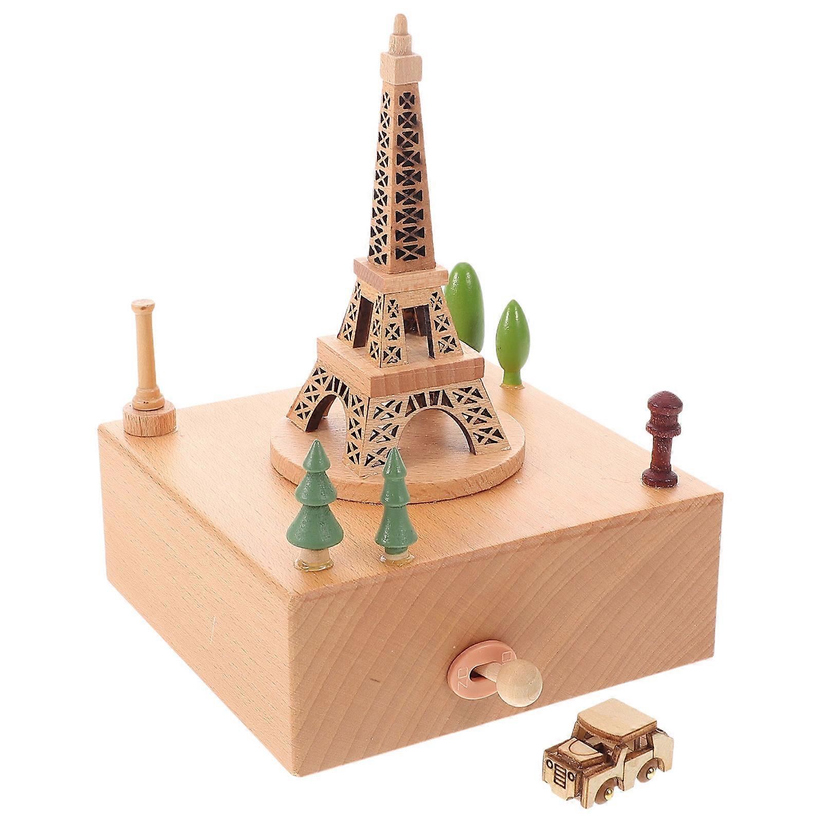 Mechanical Clockwork Wood Music Box with Eiffel Tower for Decor