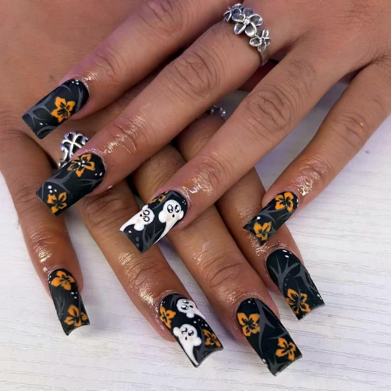 Halloween Press On Nails Black Floral Ghost Design Medium Square Matte Glue On False Nails 24pcs