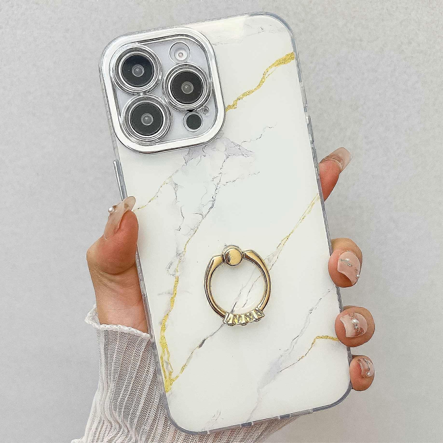 For iPhone 16 Pro Max Case with Kickstand IMD Marble Pattern Electroplated Phone Cover
