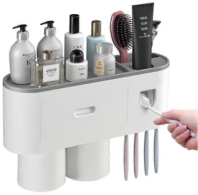 Automatic Toothpaste Dispenser and Wall Mounted Toothbrush Holder with Cups, Storage Tray, Cosmetic Drawer, White