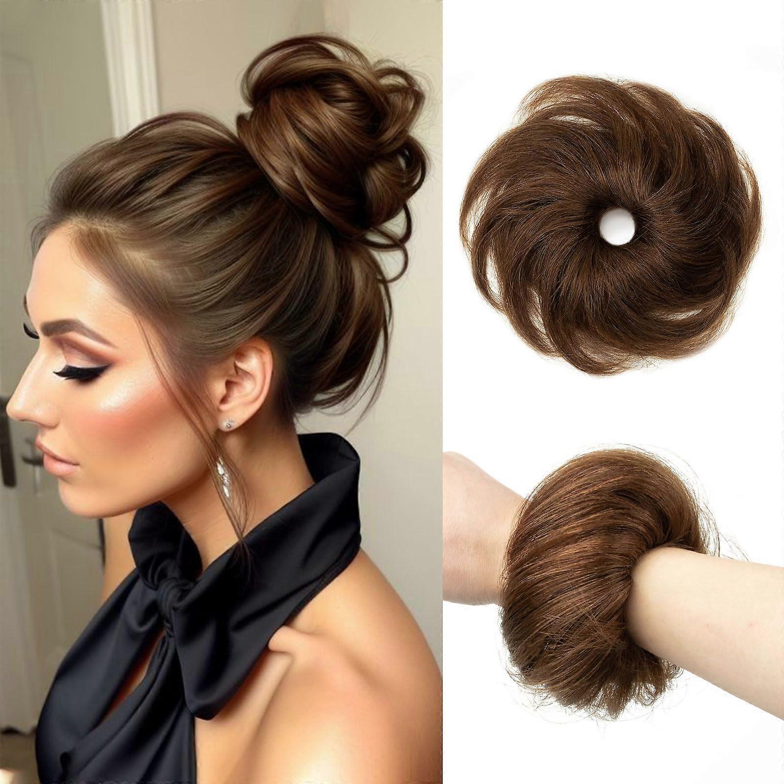 Small Human Hair Messy Bun Extension #4 Medium Brown Natural Texture Updo Scrunchie