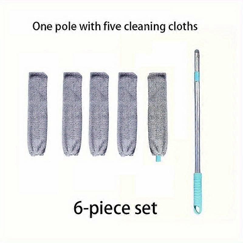 6pcs Extendable Long Handle Duster | For Cleaning Under Beds, Sofas & Gaps, with 5 Replaceable Cloths, Household Cleaning Tool