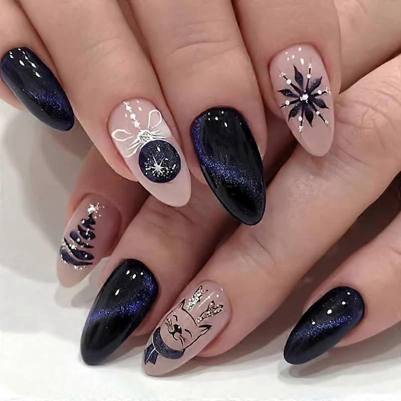 Christmas Press On Nails Set with Snowflake and Tree Design, Long Almond Shape, Reusable