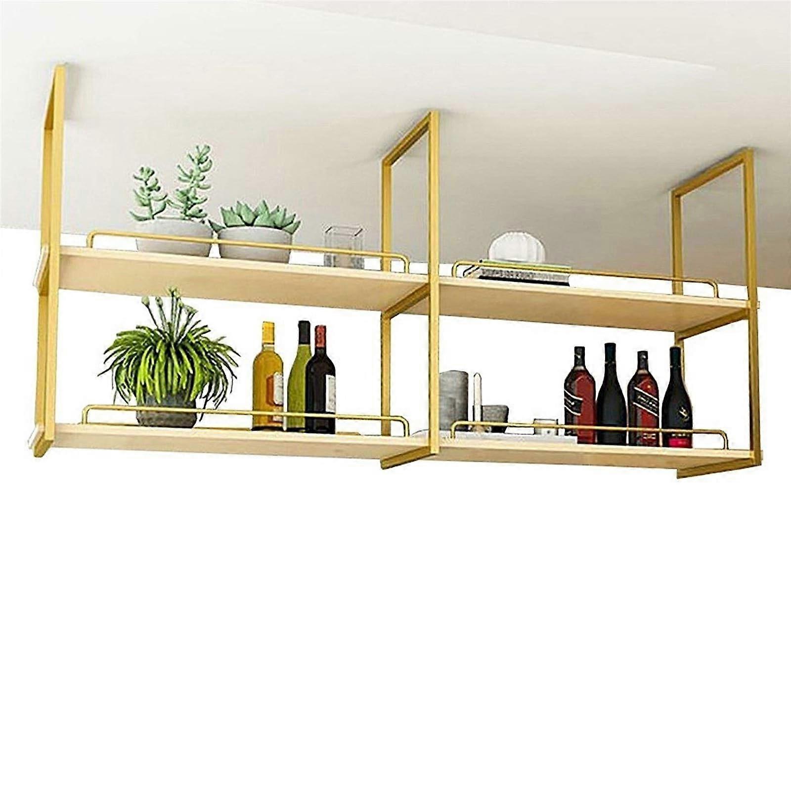 Wine Glass Rack with Solid Wood Shelf, Ceiling Mounted Hanging Wine Rack, Space Saving Metal Frame