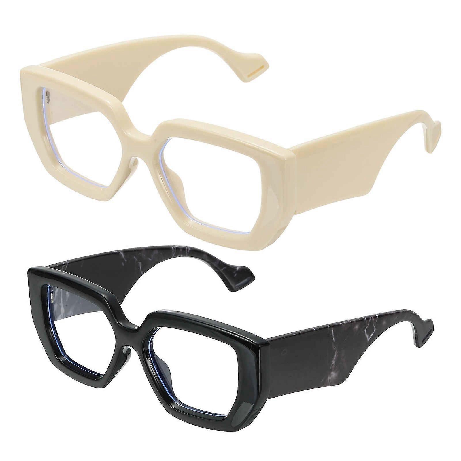 2pcs Oversized Square Blue Light Blocking Computer Glasses Retro Thick Frame Beige/Light Yellow