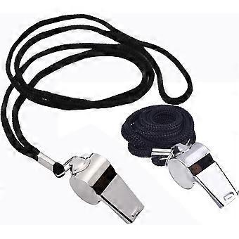 Set of 2 Stainless Steel Whistles with Lanyards for Referees, Coaches