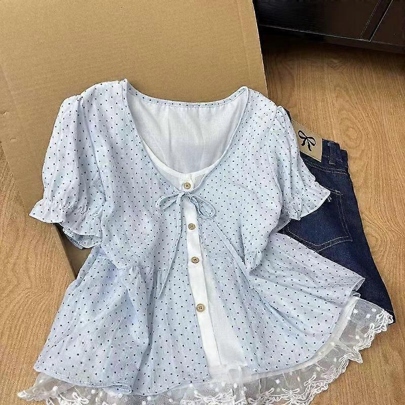 Women's Elegant Polka Dot Top With Lace Underlayer