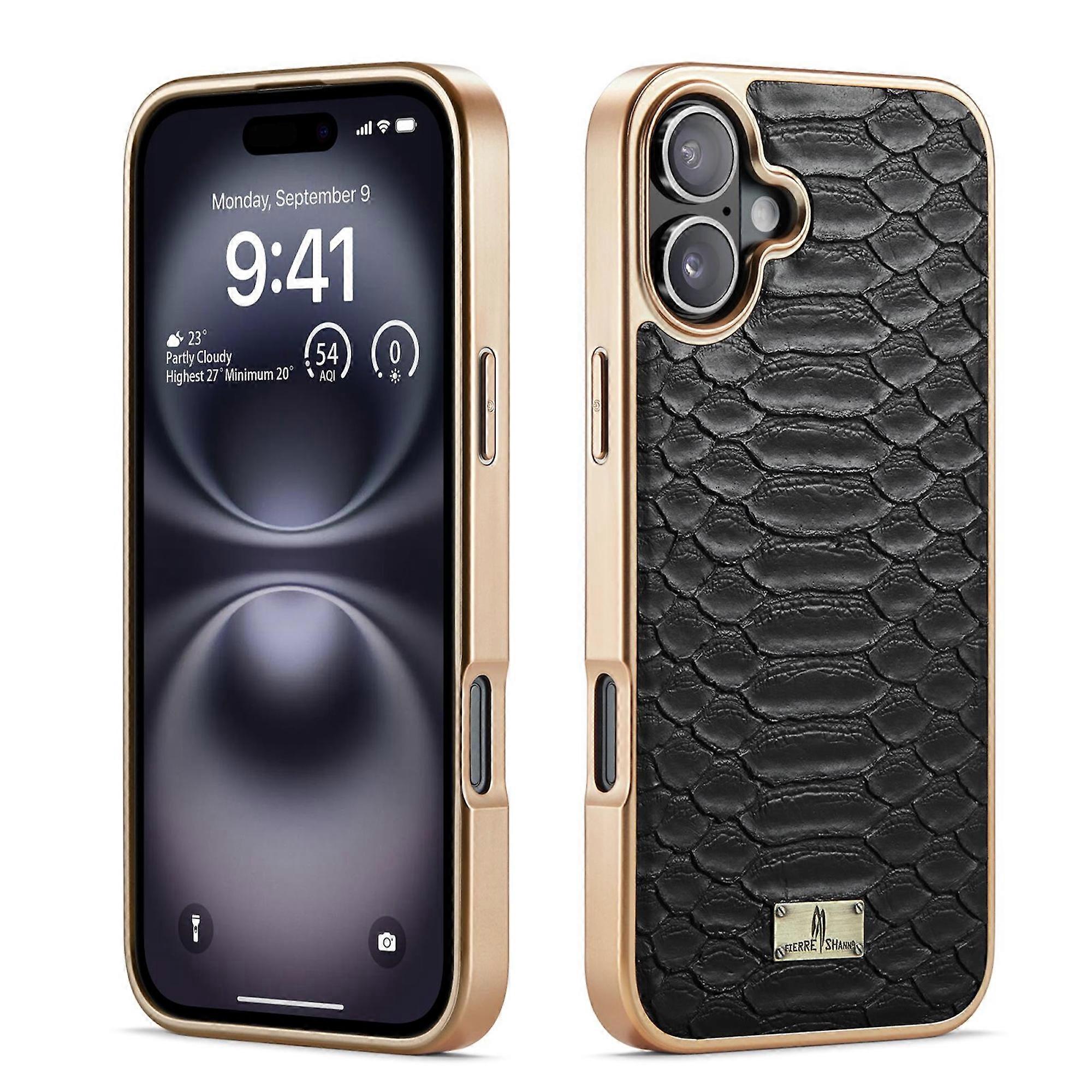 Faux leather case for iPhone 17 with electroplated python texture design, black