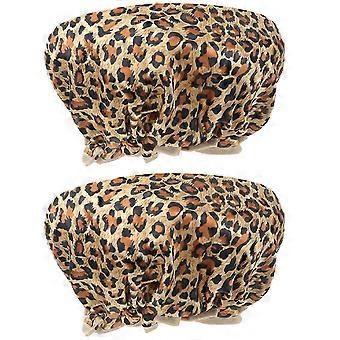 2pcs Shower Caps Double-layer PEVA Waterproof Elastic Bathing Caps Hair Protective Caps (Leopard Print)