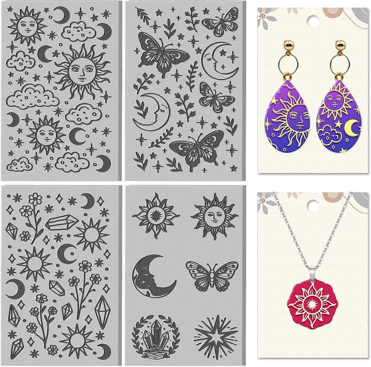 4 Sheets Sun and Moon Divination Elements Clay Texture Mat Flowers Pattern Polymer Clay Texture Sheets DIY Tools