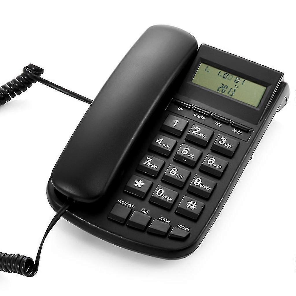Telefone fixo com fio e identificador de chamadas.