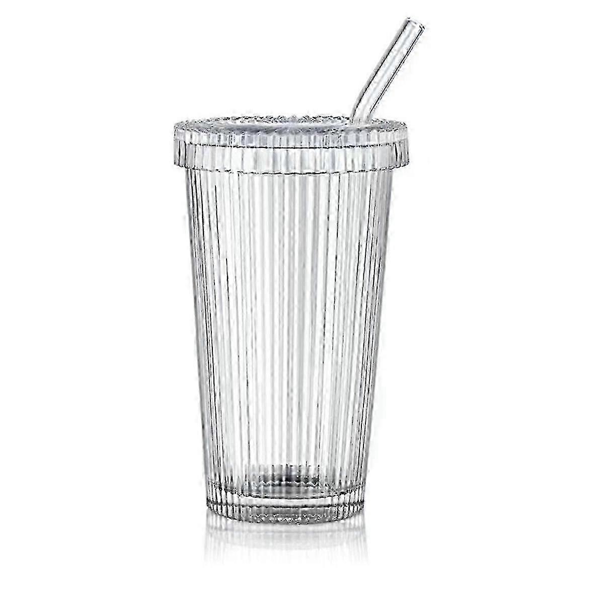Thick Ribbed Glass Cup Lid Straw Set