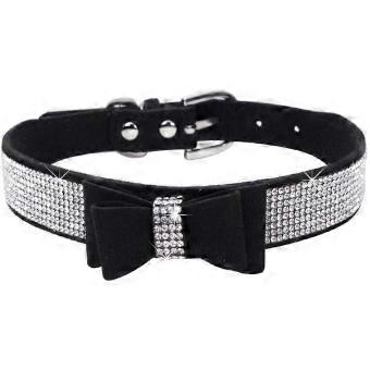 Hondenhalsband met strasssteentjes, van zacht suèdeleer, verstelbaar met 5 oogjes, met glinsterende kristallen en een dubbele strik, voor kleine en middelgrote honden, maat S.