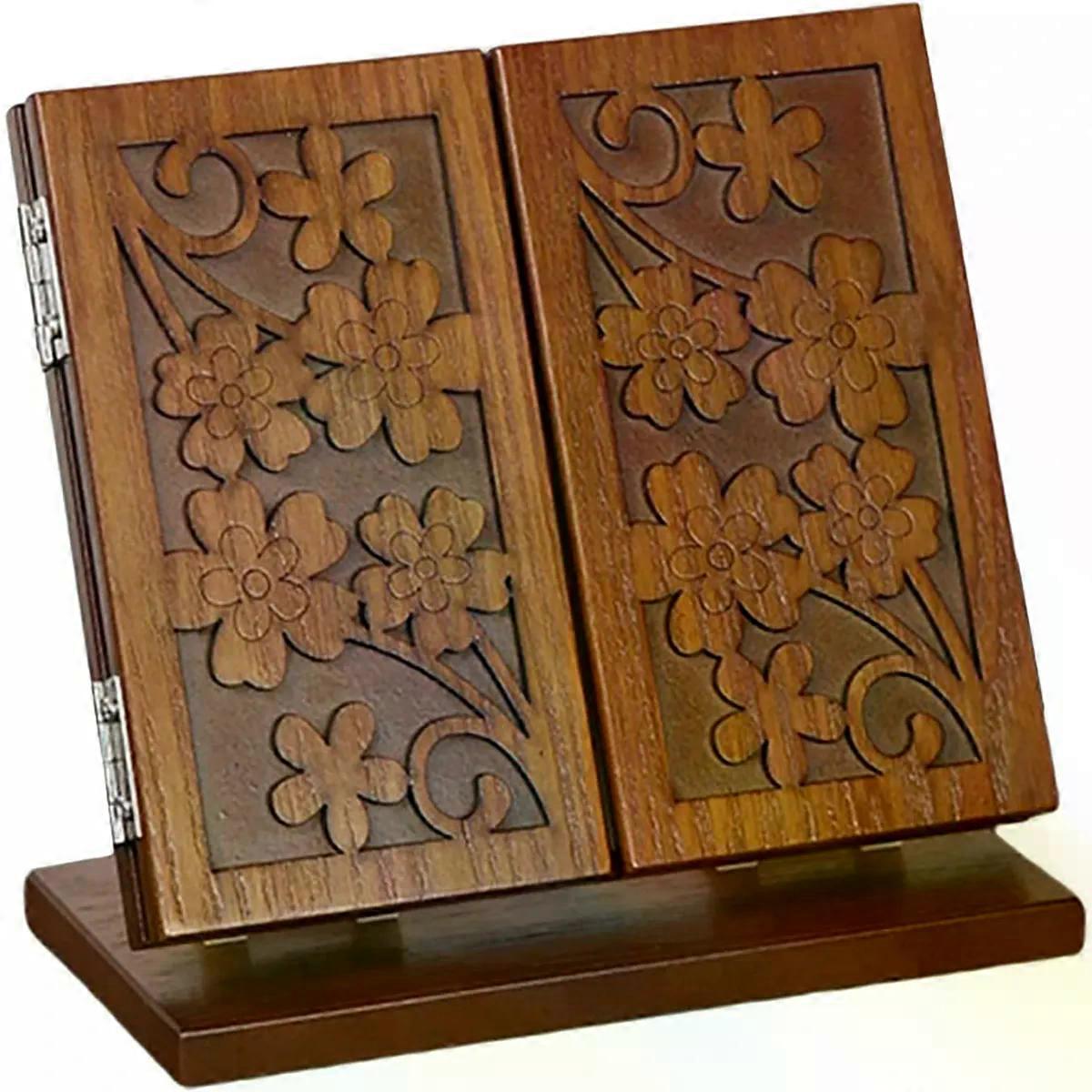Wood Carve Pattern Desk Mirror Foldable Three Sided