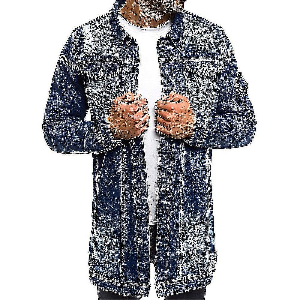 Men Long Denim Jacket Long Eeve Distressed Outerwear Shacket With Pockets