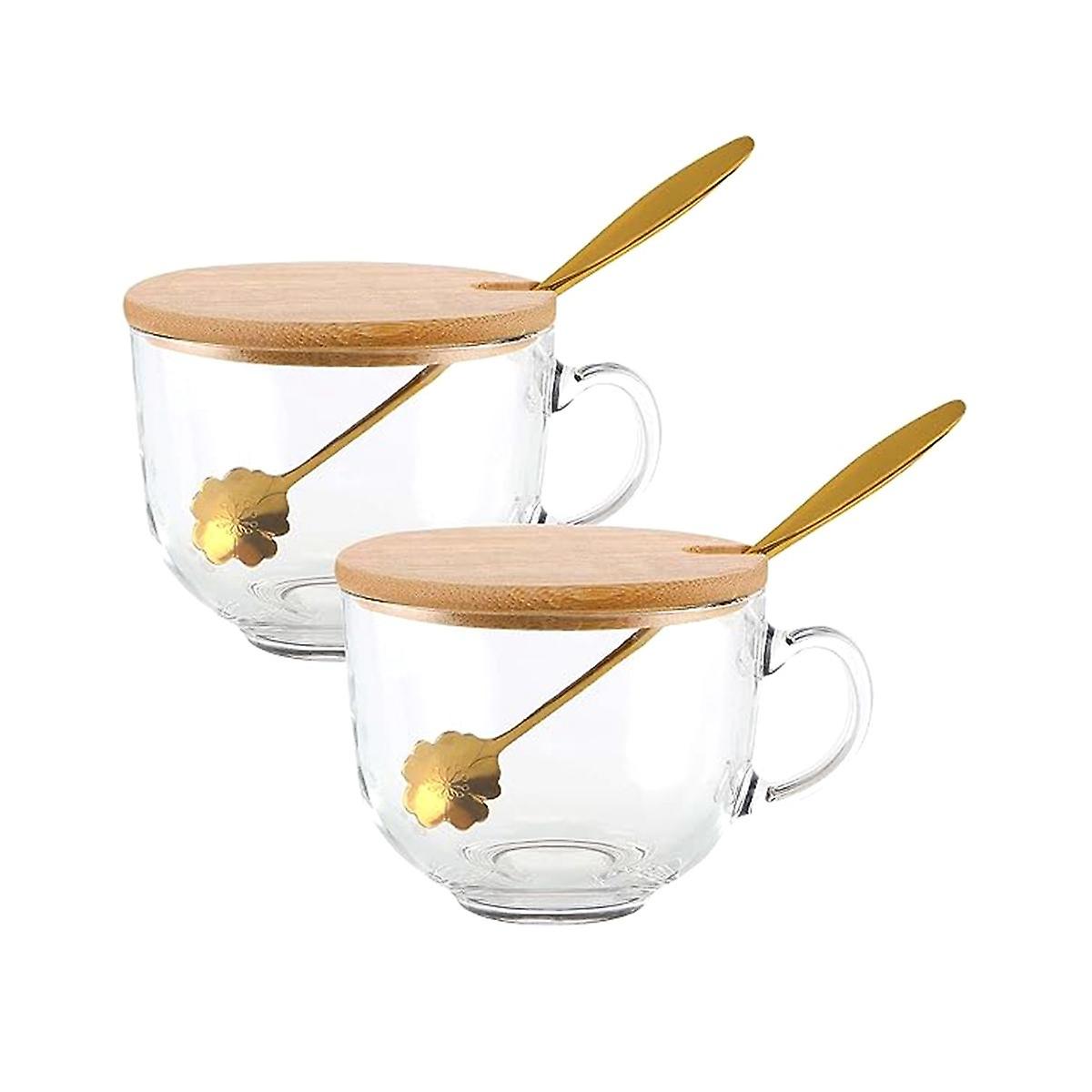 Coffee Mugs with Handle, Glass Cups with Bamboo Lids& Spoons, Clear Drinking Glasses for Tea,Cereal