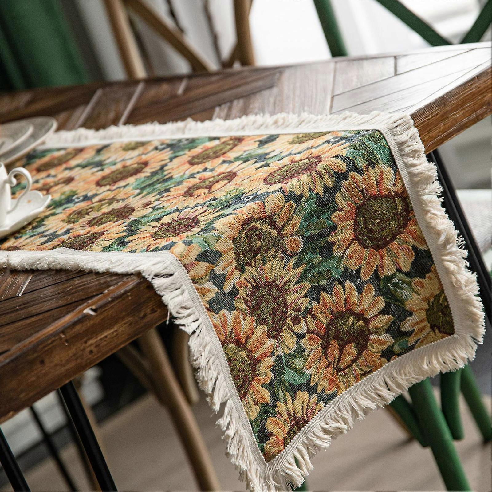 Jute Table Runner Sunflower Pattern 30x120cm Yellow Tassels