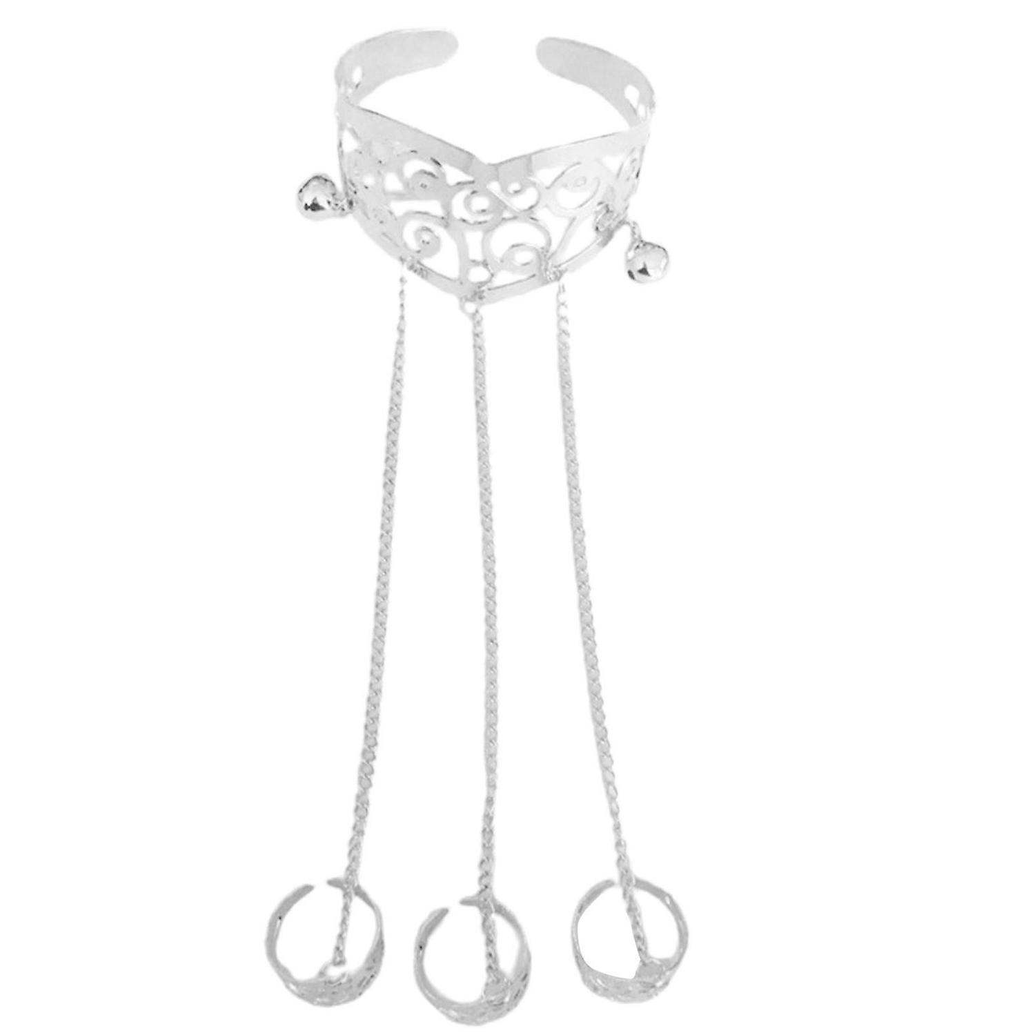 Multilayer Tassel Bell Hand Harness Bracelet Hollow Engraved Pattern Adjustable Bangle Finger Chain 