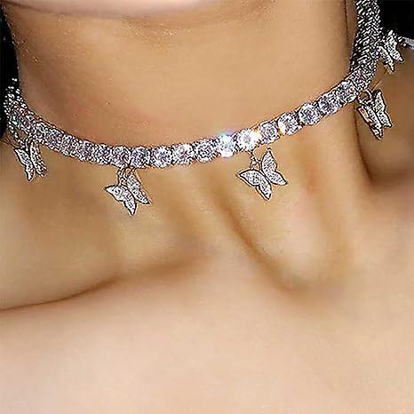 Rhinestone Choker Necklace Butterfly Pendant Necklaces Chain Sparkly Tennis  Necklace Fashion Party Jewelry for Women and Girls (Silver)