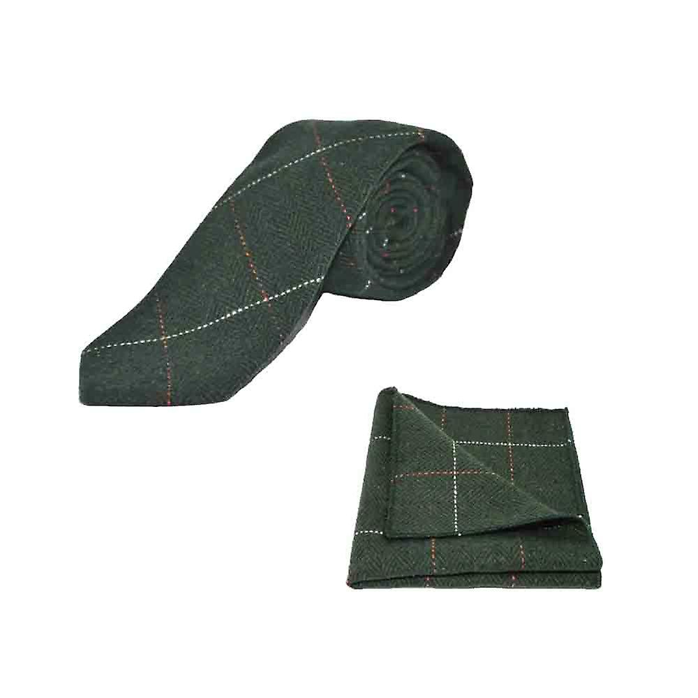Luxury Herringbone Forest Green Tweed Tie &amp; Pocket Square Set | Boxed