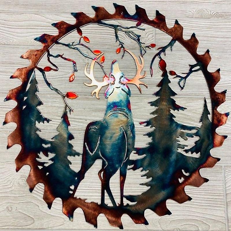 Deer Cut Rustic Forest Tree Sculpture Wall Art Animal Metal Artwork Decor For Home Garden