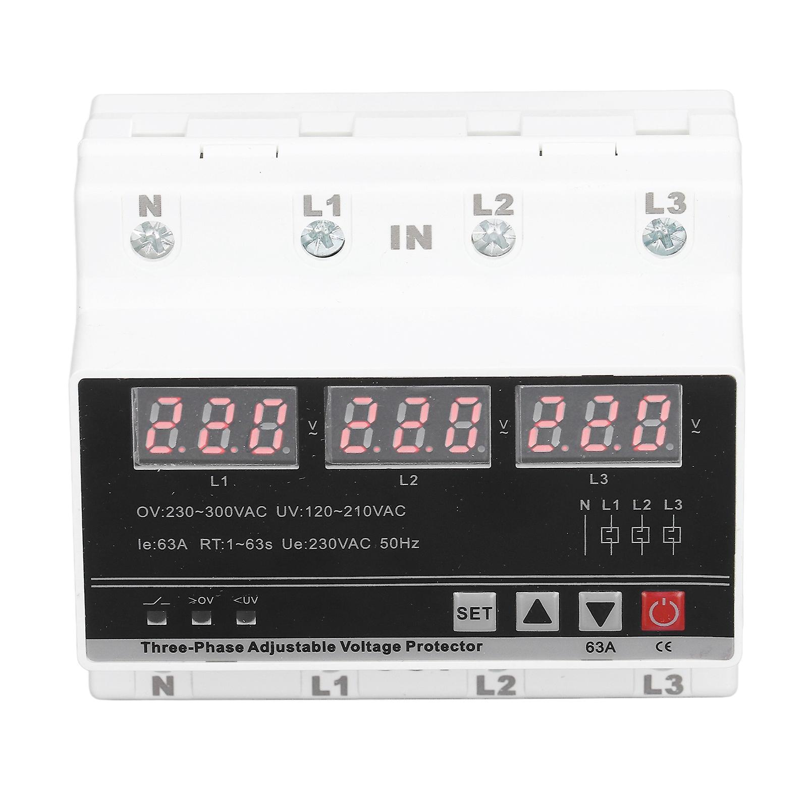 3 Phase Adjustable Protector Over Under Voltage Current Protection Device DIN Rail Mount AC120V‑300V 63A