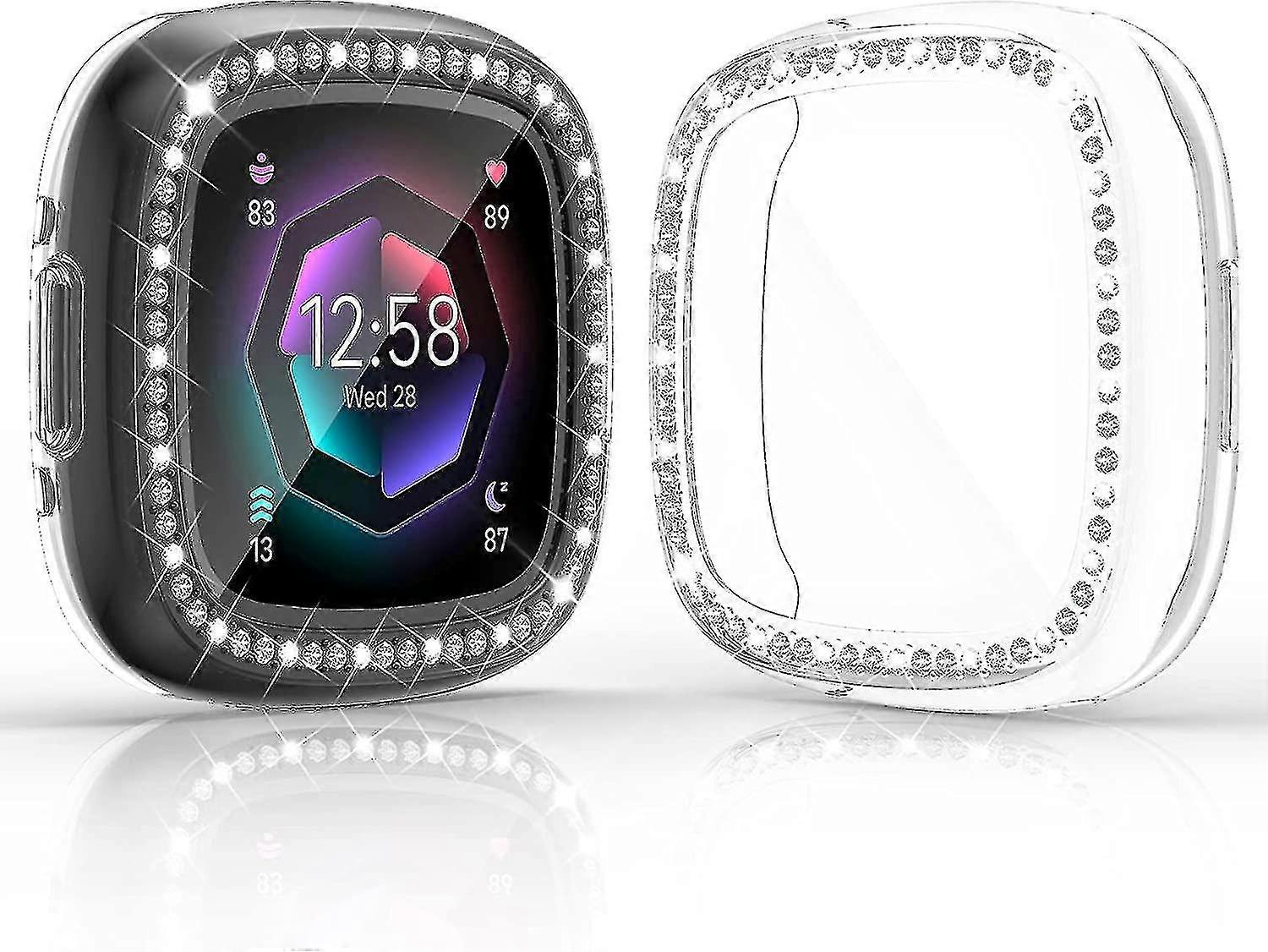 2 Pack Screen Protector Case Compatible Fitbit Versa 4/ Sense 2, Soft Tpu Bumper Glitter Diamonds Cover