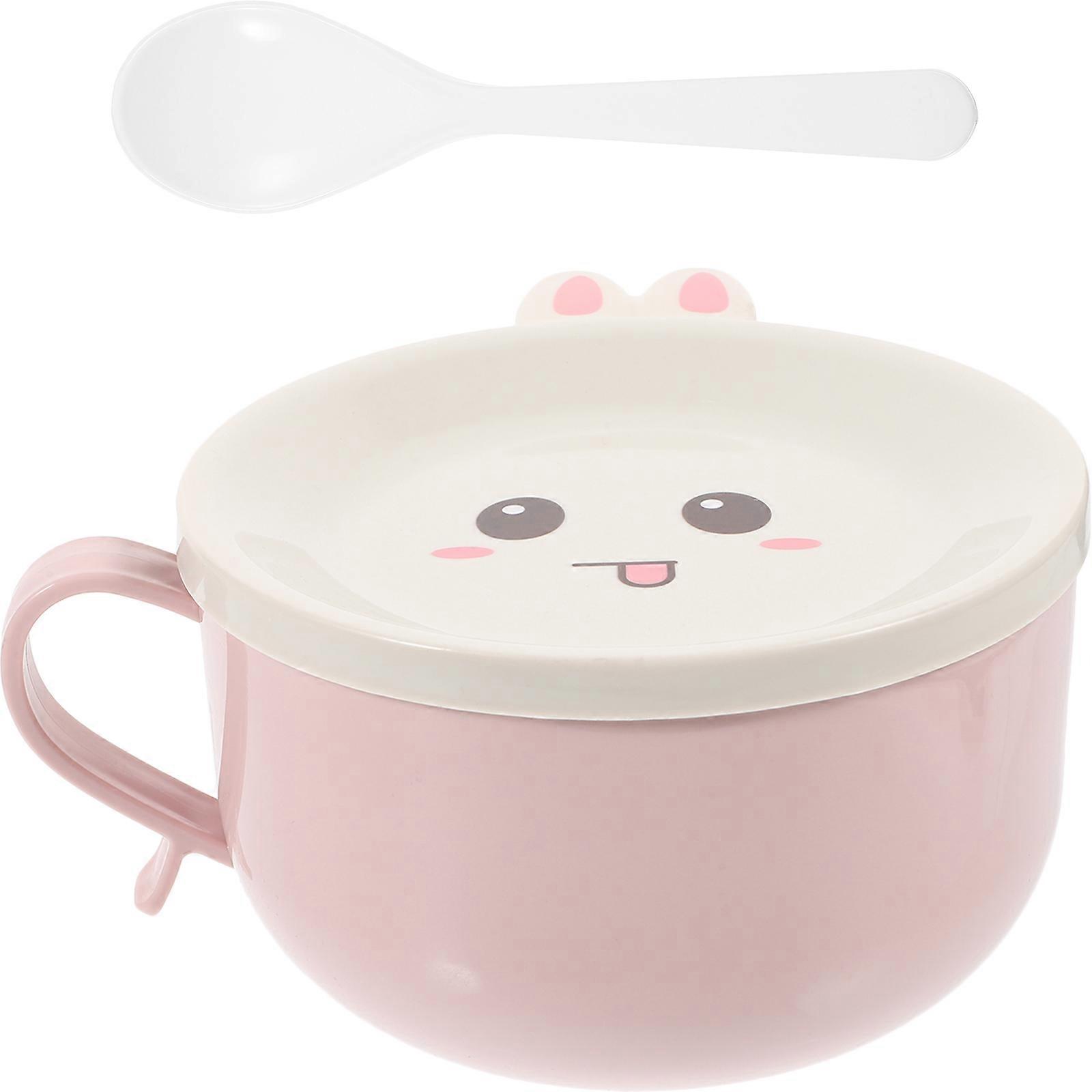 Stainless Steel Double-layer Instant Noodles Bowl with Lid and Spoon Cartoon Lunch Box Food Insulation Container (Pink)