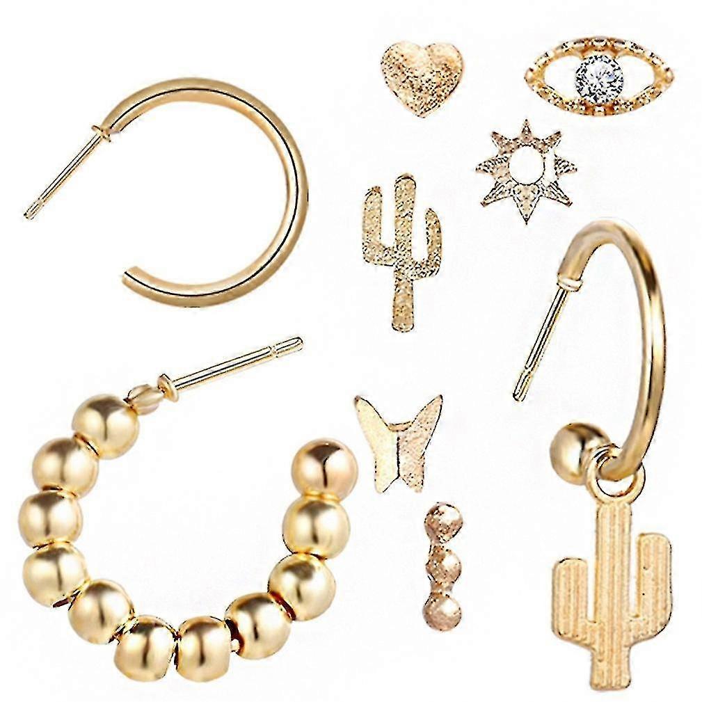 9pcs ear studs set cactus eye golden alloy ear clips for wedding