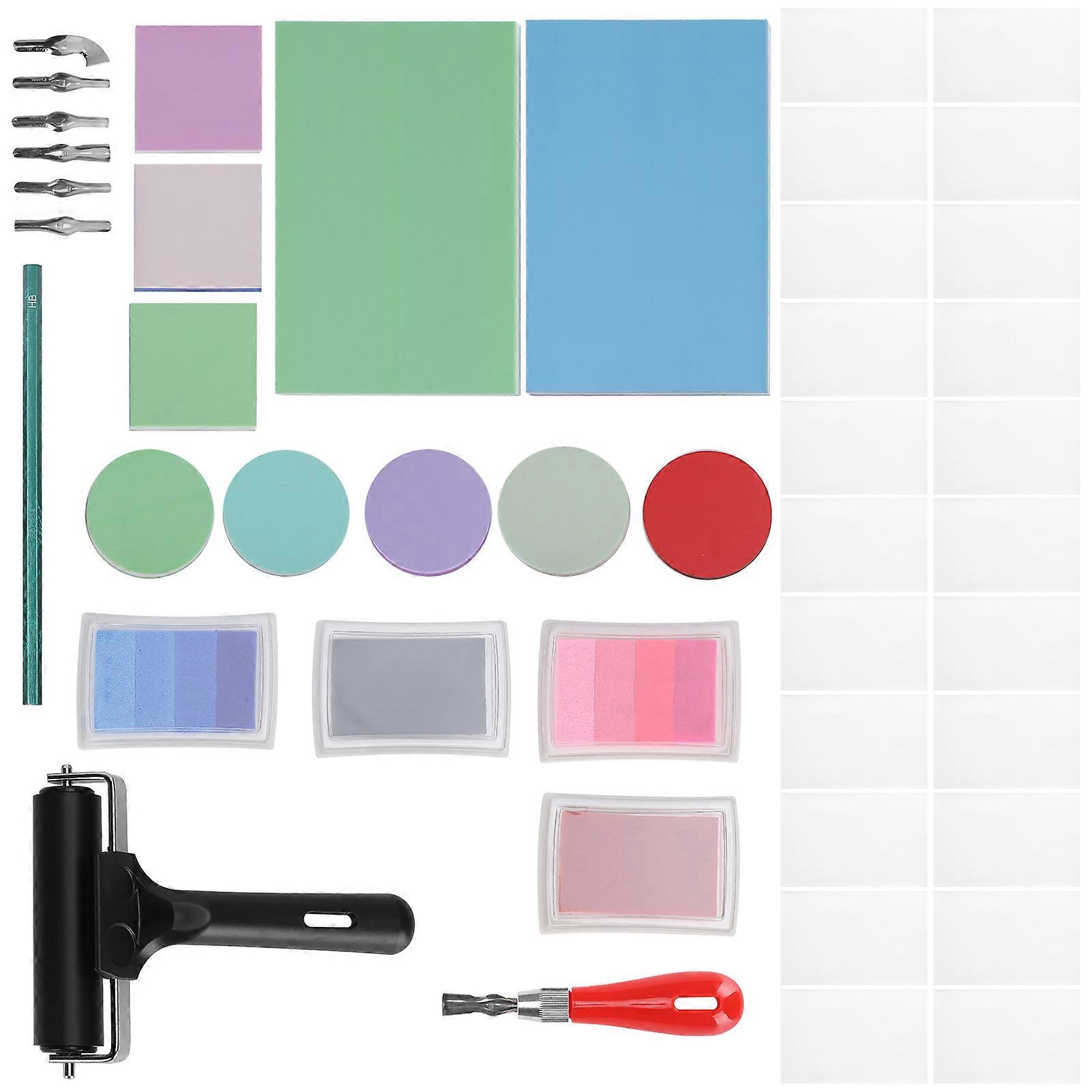 Complete Rubber Carving Kit Iron Roller Rubber Block Vegetable Parchment Stamp Pad for Printmaking YEMAA