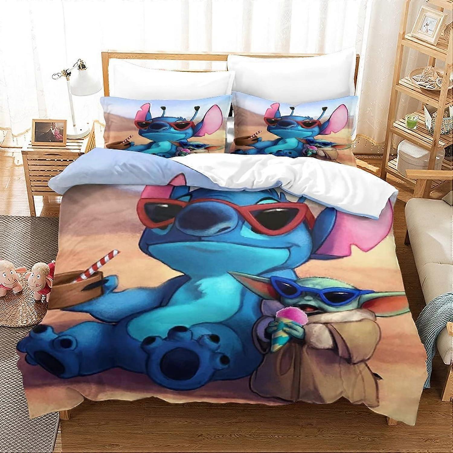 Komplet pościeli Stitch Animowane postacie i poszewki na poduszki - Lilo & Stitch Print - Mikrofibra - Poszwa na kołdrę dla nastolatków