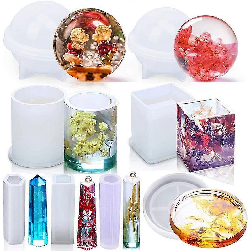 8Pcs Silicone Epoxy Resin Casting Art Molds Include Round, , Sphere, Pendant, Coaster for DIY Jewel