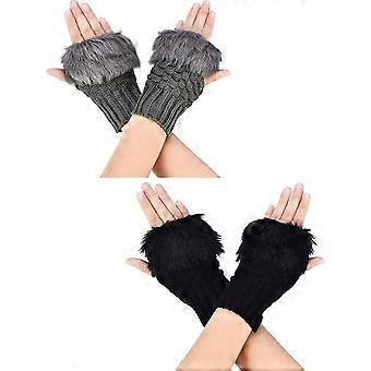 2 Pairs Fingerless Winter Gloves Short Touchscreen Gloves Thumb Hole Mittens Knitted Warm Gloves with Faux Fur