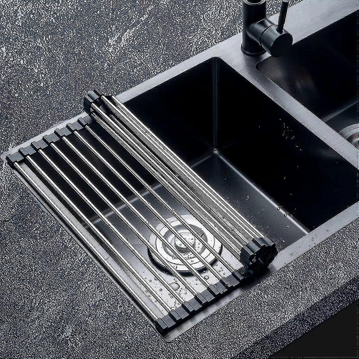 Rustfrit stål opvaskemiddel Sort køkken foldning og aftagelig rustfrit stål rulle tørretumbler til vask dræning mesh kurv 23cm * 37cm