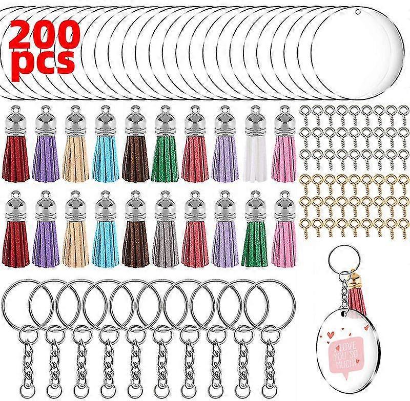 200pcs Acrylic Keychain Maker Kit Clear Acrylic Keychain Blank And Colored Tassel Labels