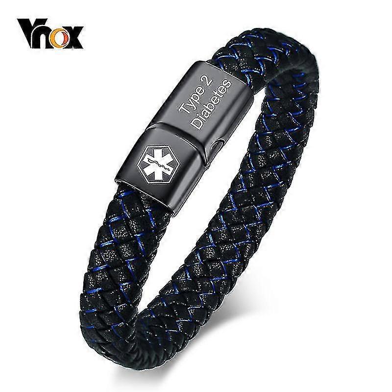 Braccialetto Id Medico Da Uomo Braccialetto In Pelle Intrecciata Con Chiusura Diabete BPCO Alzheimer Gioielli Personalizzati Diabete di tipo 22 20.5cm