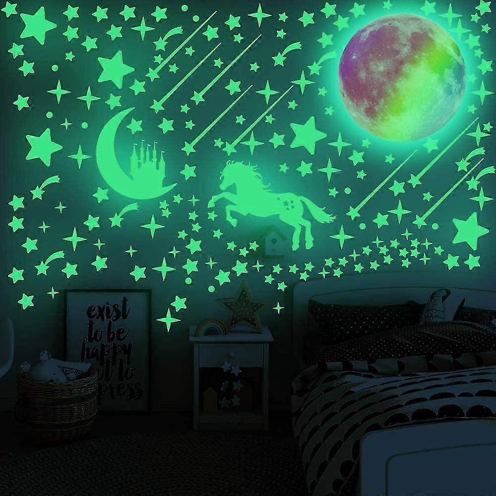 296pcs Glow In The Dark Stars Stickers And 1pc Glowing Colorful Moon, Luminous Fluorescent Castle Wall Decor Sticker For Home Ceiling Baby Kids Nurser