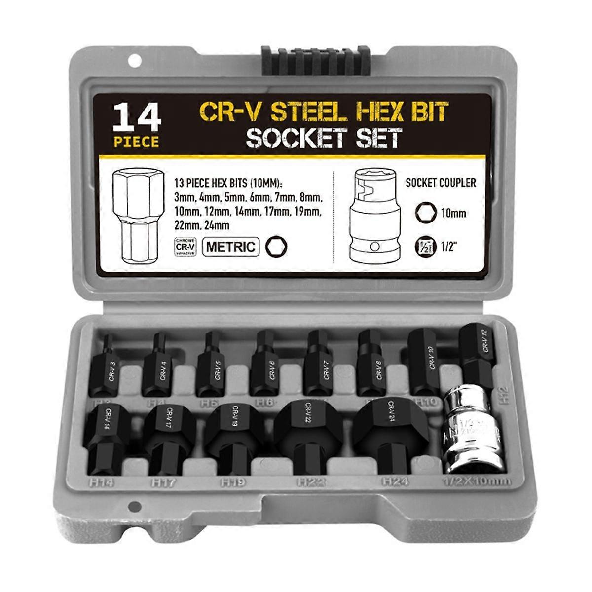 14Pcs Hex Bit Socket Set 3-24mm Key Hex Wrench Tool for Ratchet 1/2 Inch Drive Screw Driver