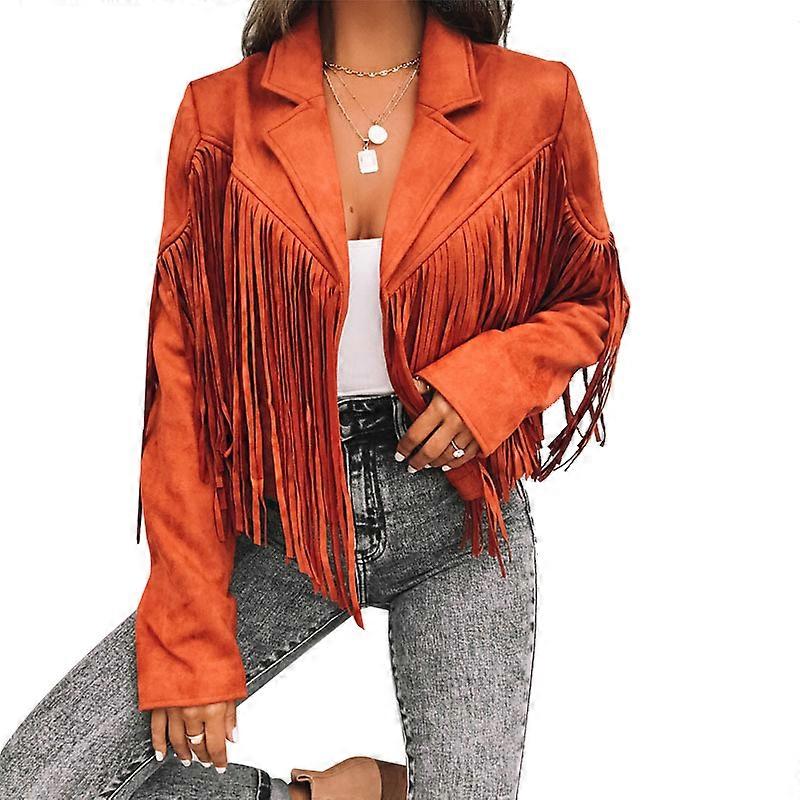 Women's Faux Suede Leather Fringe Jacket, Motorcycle Open Front Tassel Coat
