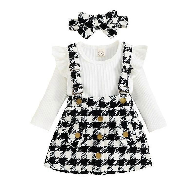3pcs Toddler Baby Girl Spring Fall Clothes Solid Ribbed Long Sleeve Ruffled Romper Plaid Print Suspender Skirt Headband Outfit