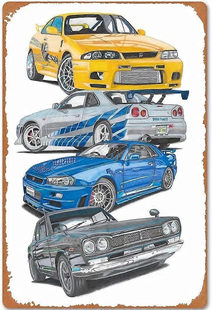車は速くて猛烈なスカイラインフィルムメタルポスターサインガレージバーコーヒーマン洞窟ファンギフトプラーク12x8のためのヴィンテージ壁の装飾