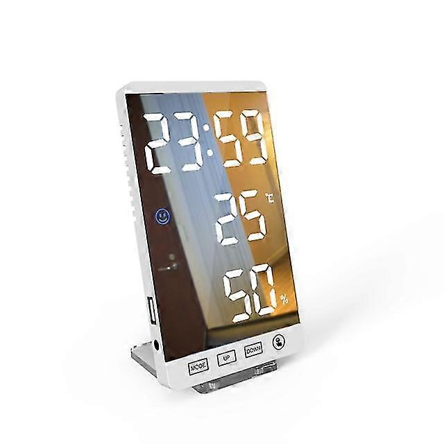6 Inch Mirror Led Alarm Clock Touch Control Wall Digital Clock Time Temperature Humidity Display Usb Desk Watch For Bedroom Home