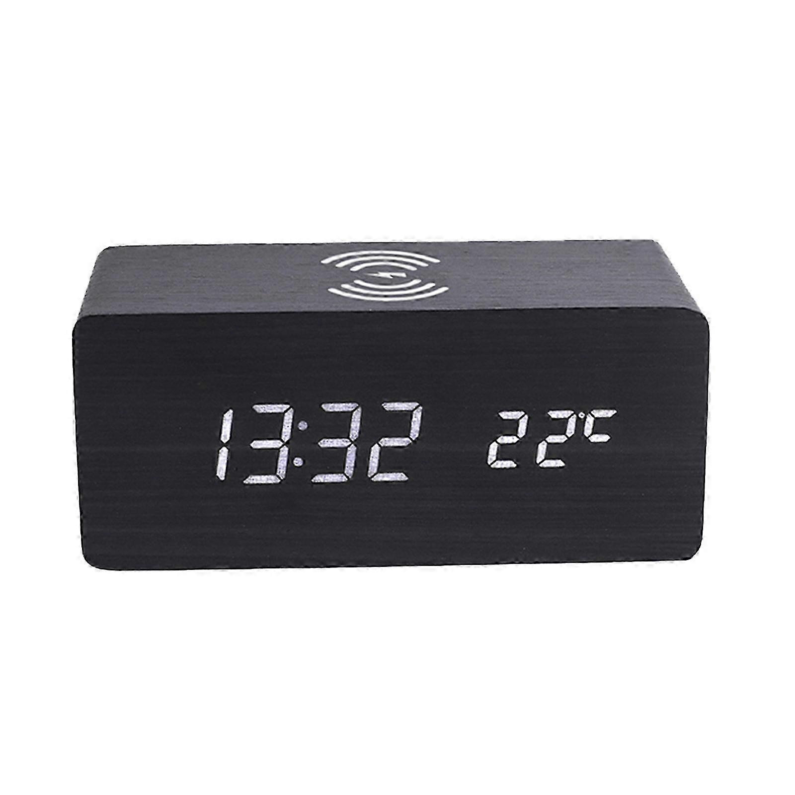 Digital Wooden Alarm Clock Electronic LED Time Display for Bedroom 10W Wireless Charging 3 Alarm Settings Date&Temp Display, Brown