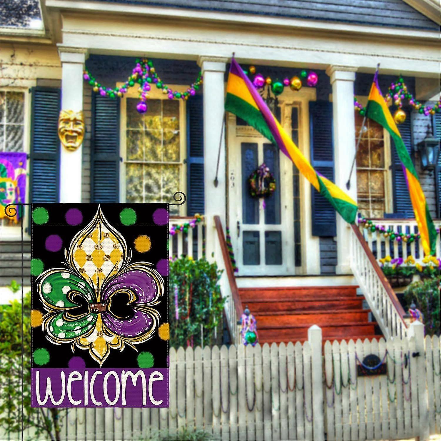 Bandeira de Jardim Mardi Gras Fleur de Lis 28x40 Polegadas Dupla Face, Bolinhas Bem-vindas Carnaval Quintal