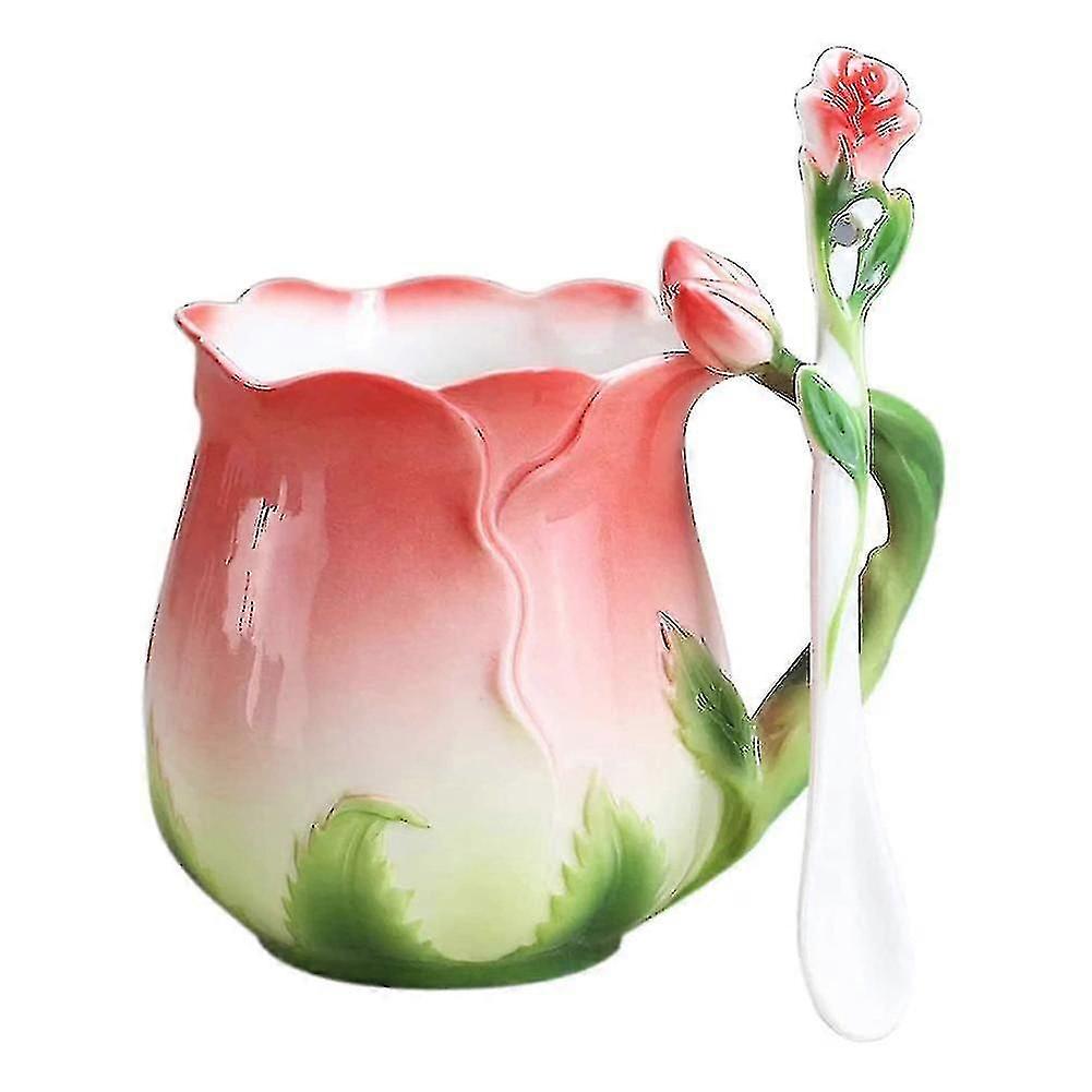 Ceramic Rose Flower Shape Teacups Breakfast Cups With Spoon-red