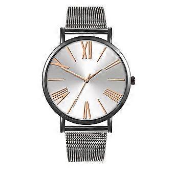 Moda Malha Cinto Strap Relógio de Quartzo numeral romano Dial Casal Relógio de Pulso (Branco Preto)