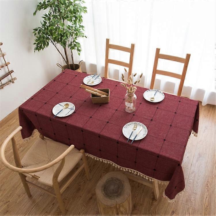Square Lattice Embroidered Tablecloth Pure Color Cotton Linen Tassel Rectangular Coffee Table Mat 140x180cm