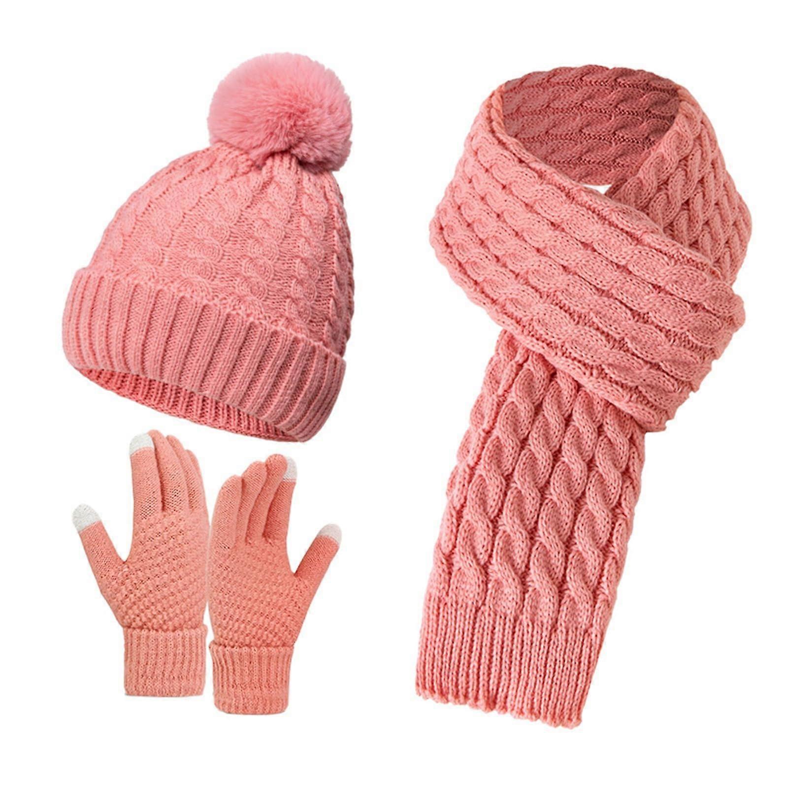 Winter Beanie Hat and Touchscreen Gloves Set, Fleece Lined Warm Thick Skull Cap with Pom Pom, Winter Scarf and Glove Combo