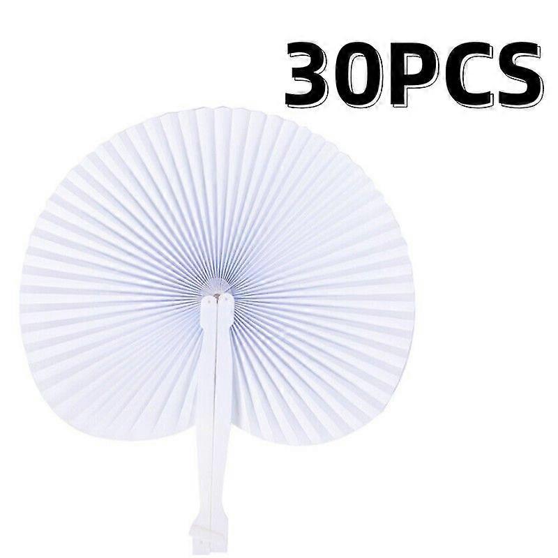10-30Pcs White Folding Paper Fan Round Shaped with Plastic Handle for Wedding Party