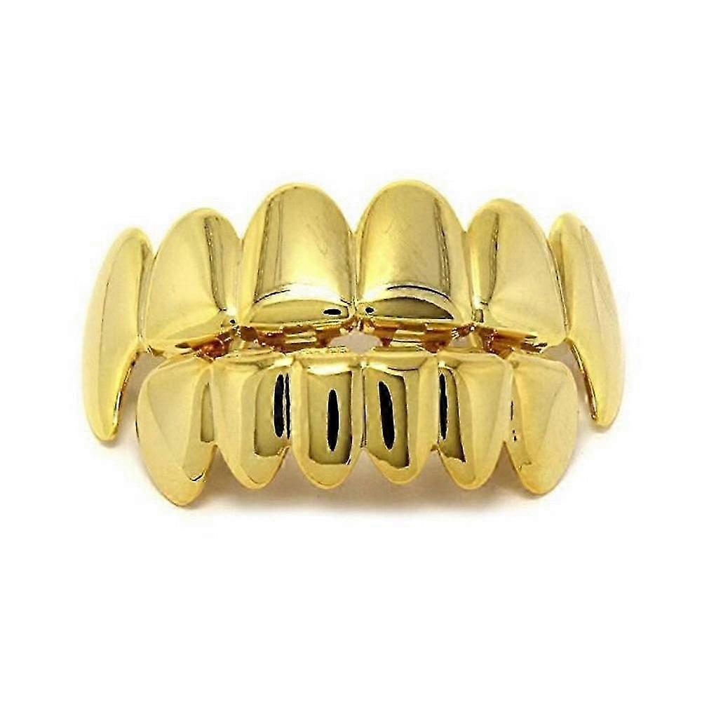 New Custom 14k Gold Plated Hip Hop Teeth Grillz Caps Top Bottom Grill Fang Set